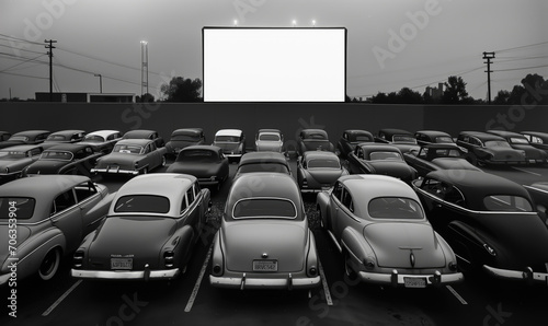drive-in américain avec des voitures alignées sur plusieurs rangées, les occupants regardent un film sur un écran géant	
 photo