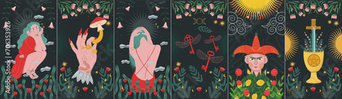 modern deck of tarot cards. prediction or fortune telling of the future and fate, mystical characters. printing on clothes or fabric
