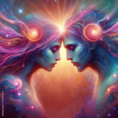 Twin flame couple. Soulmates. The concept of magical, esoteric, tantric, spiritual love. Connection between souls. Illustration for websites and much more. Created using generative ai tools.