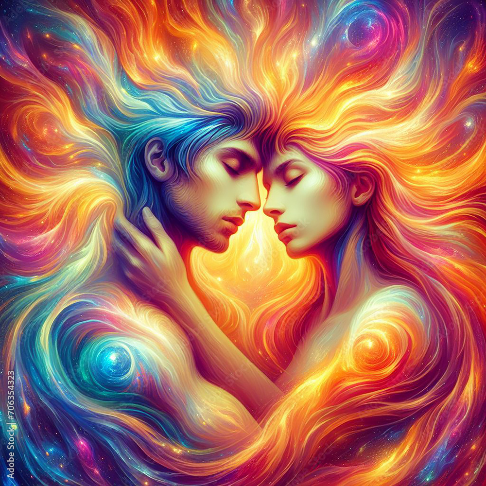 Twin flame couple. Soulmates. The concept of magical, esoteric, tantric, spiritual love. Connection between souls. Illustration for websites and much more. Created using generative ai tools.