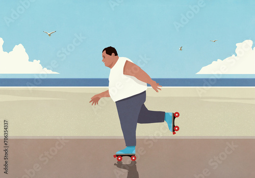 Overweight man roller skating on sunny beach boardwalk
 photo