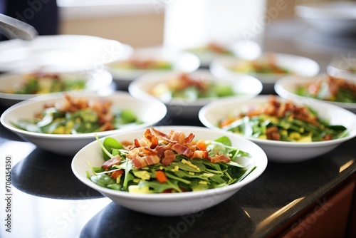 row of spinach salads topped with bacon, ready for a brunch buffet