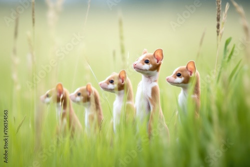 stoat family lined up at the edge of a meadow photo