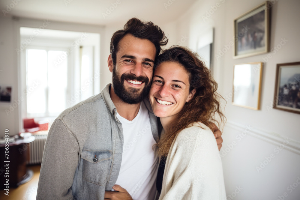A cheerful, affectionate couple in their new home, embracing and smiling with happiness. A cheerful, affectionate couple in their new home, embracing and smiling with happiness.