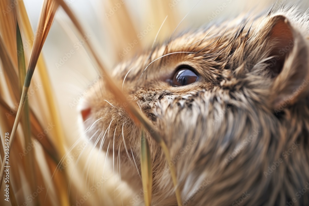 profile of a vole surrounded by tall grasses
