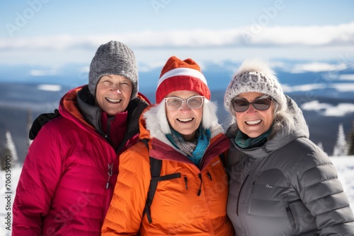 Happy senior women on mountain ski resort with picturesque view on the background.