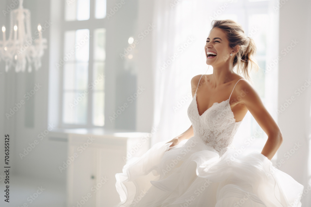 An excited and happy bride in a white wedding dress, radiating beauty and elegance. An excited and happy bride in a white wedding dress, radiating beauty and elegance.