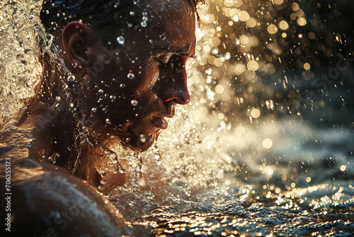 Athletic male figure surrounded by splashes of water with sunlight  close up portrait  concept of strength  freedom  energy