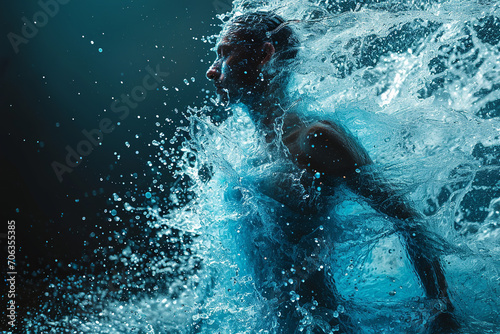 Athletic male figure surrounded by splashes of water, concept of strength, freedom, energy, freshness. © zgurski1980