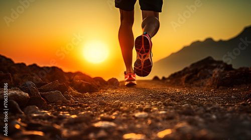 Runner's feet with beautiful view of mountain with orange sunlight background