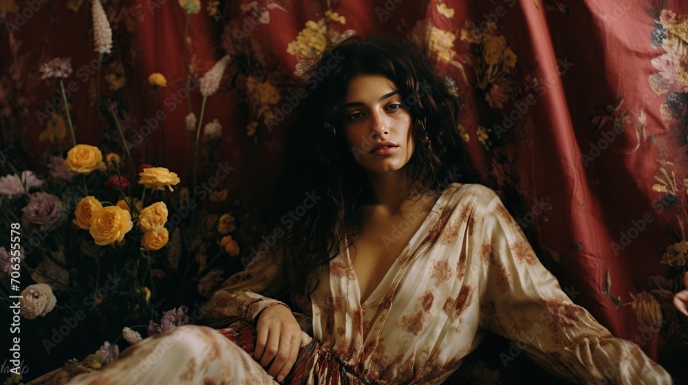 Serene young woman with curly hair posing in a bohemian setting, surrounded by rich floral patterns and warm tones.