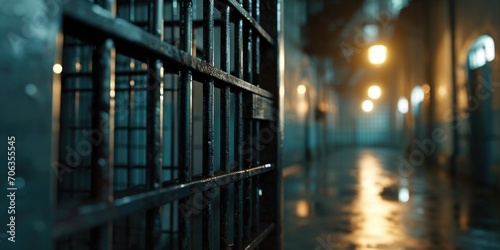 A person walks in the background of a jail cell. This image can be used to depict the atmosphere of a prison or criminal justice system photo