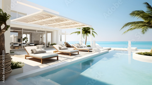 Luxury modern hotel with sea view and swimming pool. Sunbed on sundeck for vacation home or hotel © Trendy Graphics