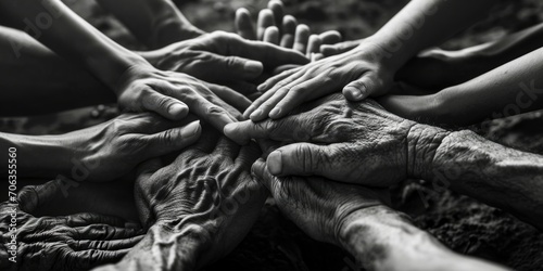 A group of people coming together and putting their hands together in unity. This image can be used to represent teamwork, collaboration, support, or community