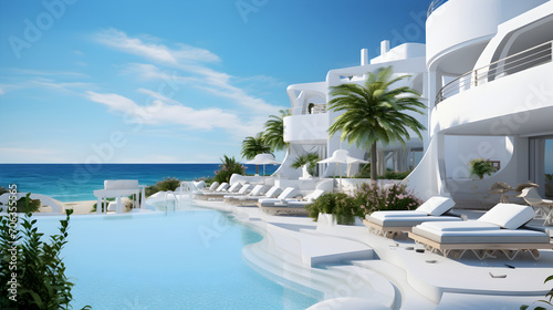 Luxury modern hotel with swimming pool and sea view. Sunbed on sundeck for vacation home or hotel © Trendy Graphics