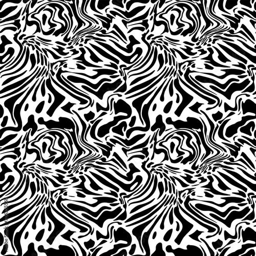 Wavy zebra skin seamless in black on white background. Animal fur repeat pattern can be used as all-over print for pajamas, fabrics, wallpapers, diaries, school exercise books, wrapping, decoration