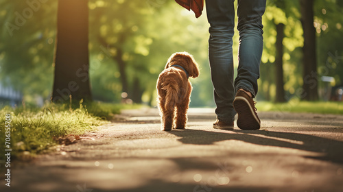 Fototapeta Naklejka Na Ścianę i Meble -  Man's feet with a dog walking in a summer park