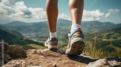 Man's legs with sports shoes along a mountain path