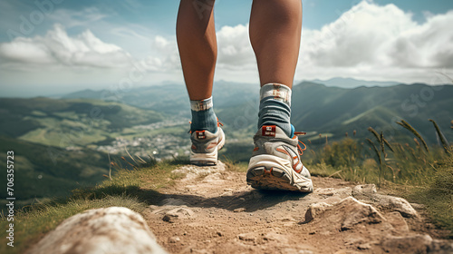 Man's legs wearing sports shoes along a mountain path