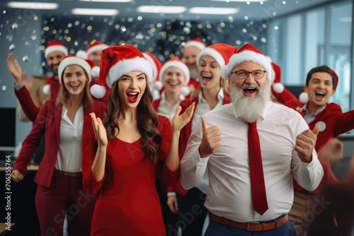 employees standing in an office, on a red carpet at work, celebrating santa hats