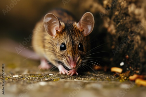 A mouse is seen eating food on the ground. This image can be used to depict wildlife, rodents, or nature scenes