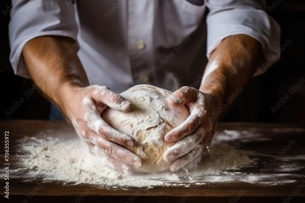 male hands with splashes of flour, preparing bread, kneading dough