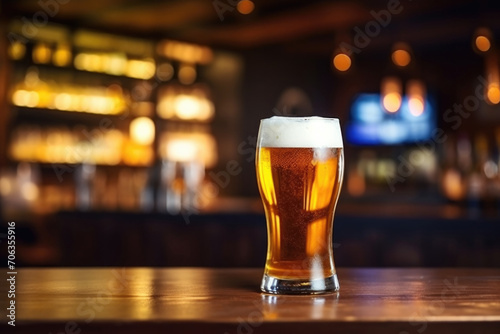 Glass of beer on a wooden table against the background of a bar