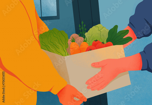 Hands of man delivering box of fresh vegetables at doorway
