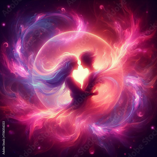 Twin flame couple. Soulmates. The concept of magical, esoteric, tantric, spiritual love. Connection between souls. Illustration for websites and much more. Created using generative ai tools
