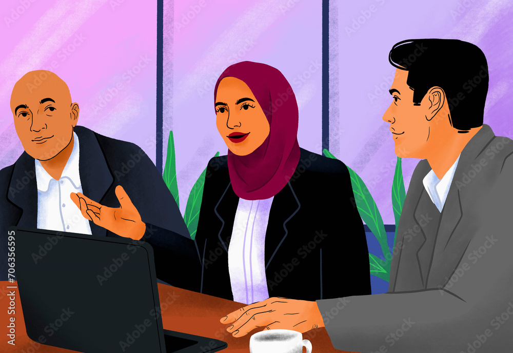 © fStop - Businesswoman in hijab talking with colleagues in conference room meeting © fStop - Businesswoman in hijab talking with colleagues in conference room meeting
