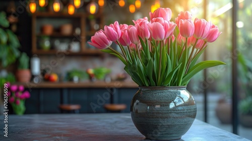 A vase filled with pink flowers sitting on a table.