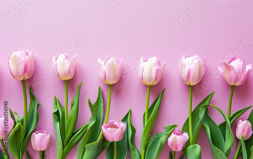 Fototapeta Naklejka Na Ścianę i Meble -  A Row of Pink Tulips Lined Up Against a Pastel Pink Background with Copy Space, Flat Lay, Overhead Shot
