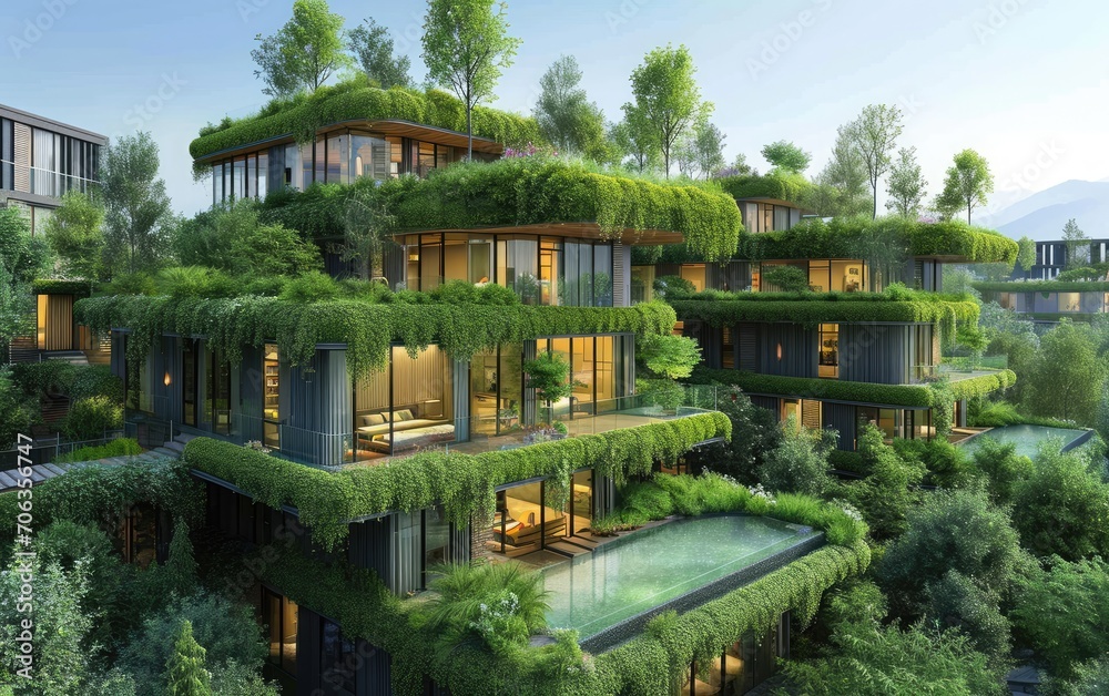 Sustainable Eco-Friendly Residential Building With Lush Green Roofs and Balconies