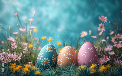 Colorful Easter eggs decorated with various patterns and designs are scattered on a green grassy field