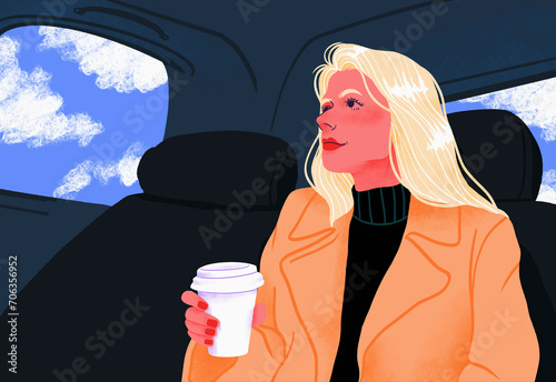 Businesswoman with coffee commuting, riding in back seat of crowdsourced taxi
 photo
