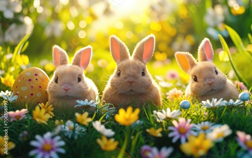 Easter background with three cute bunnies sitting on the grass in nature surrounded by colorful spring flowers and decorated Easter eggs