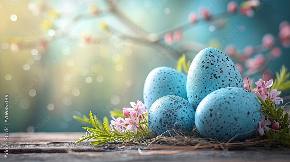 Robins Speckled Blue Eggs Nestled Among Spring Blossoms on a Wooden Surface