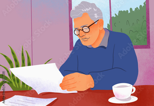 Senior man with tea reviewing paperwork at table at home
