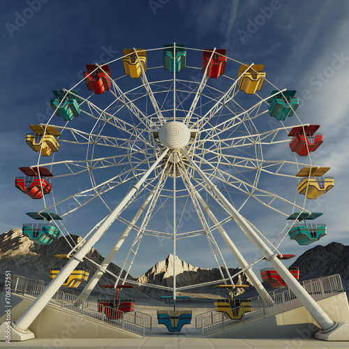 Majestic Ferris Wheel with Colorful Cabins Against a Mountainous Backdrop