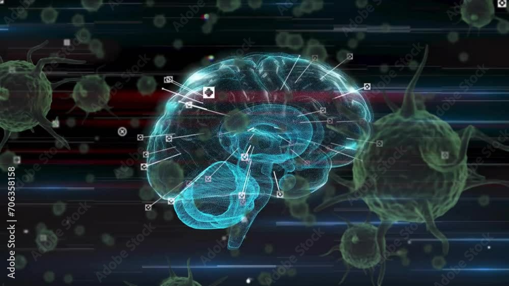 Animation of virus cells over digital brain on black background Animation of virus cells over digital brain on black background