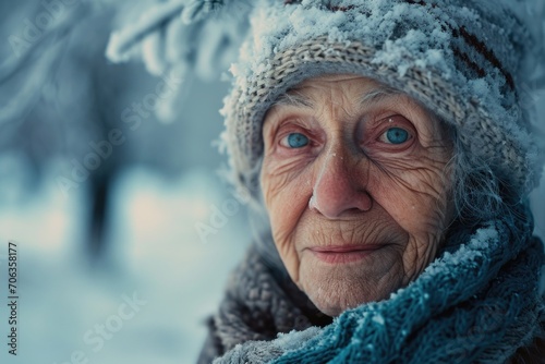 An older woman wearing a hat and scarf. Suitable for winter fashion or outdoor lifestyle themes