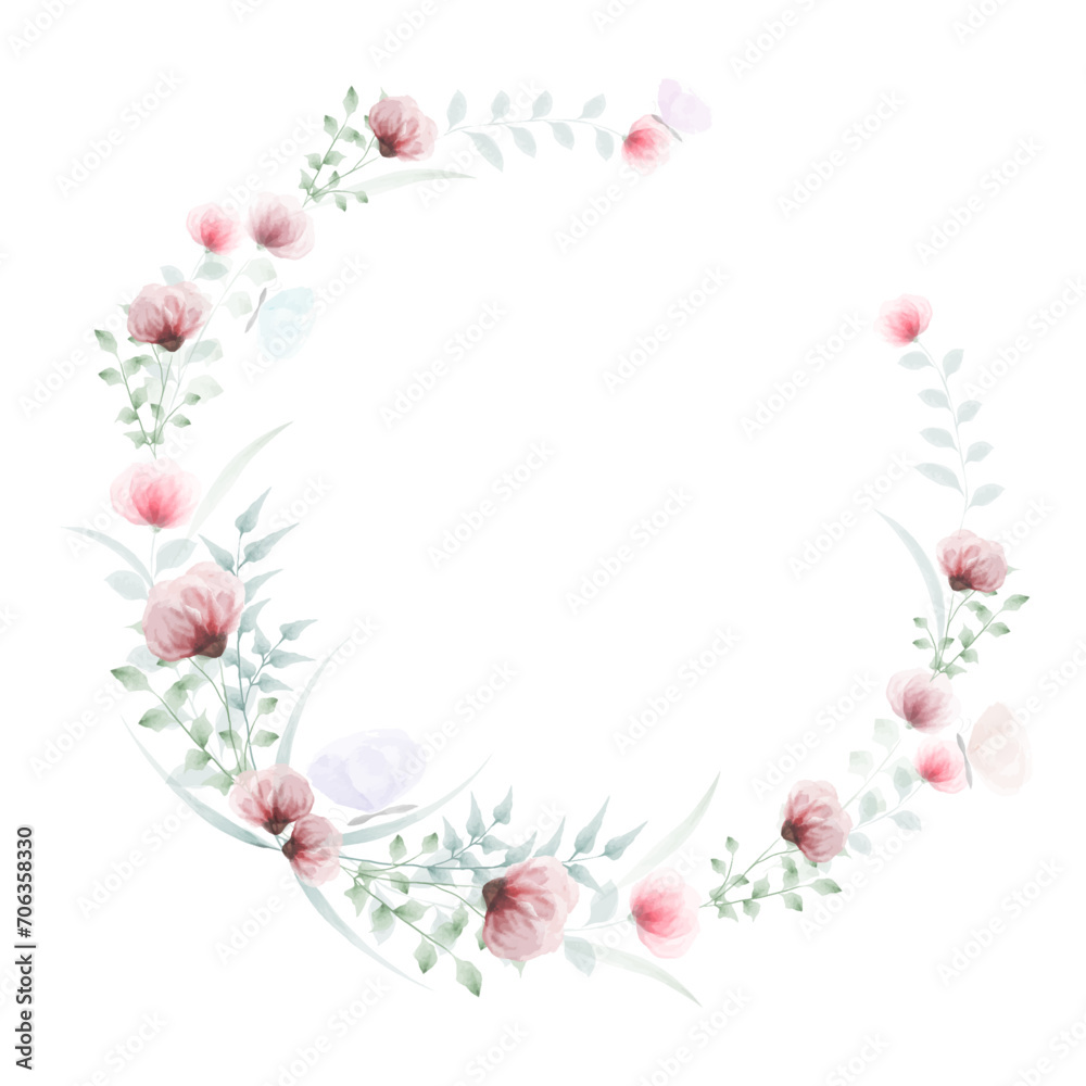 Frame with Flowers and Butterflies. Watercolor Vector Wreath. Watercolor Poppies Illustration. Round Floral Frame with space for Text.