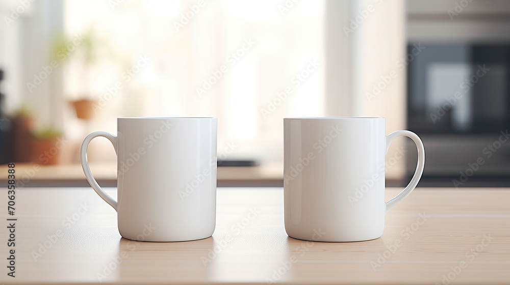 White Mug MockUps Coffee Cup on dinning table in kitchen in morning White Mug MockUps Coffee Cup on dinning table in kitchen in morning