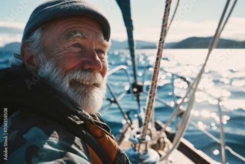 A picture of a man with a beard sitting on a boat. Suitable for various uses