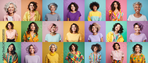 International women's day. Collage of diverse women smile over color backgrounds