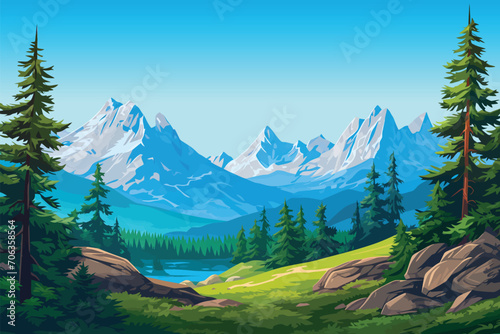illustration vector of mountain and green forest ,landscape with trees and lake, wallpaper background photo