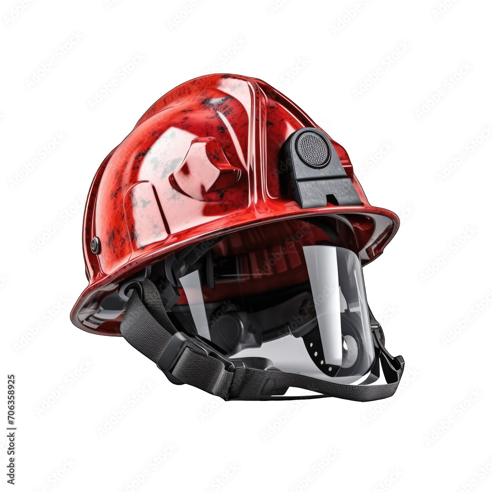 Red firefighter peaked helmet isolated on a cutout PNG transparent background Red firefighter peaked helmet isolated on a cutout PNG transparent background