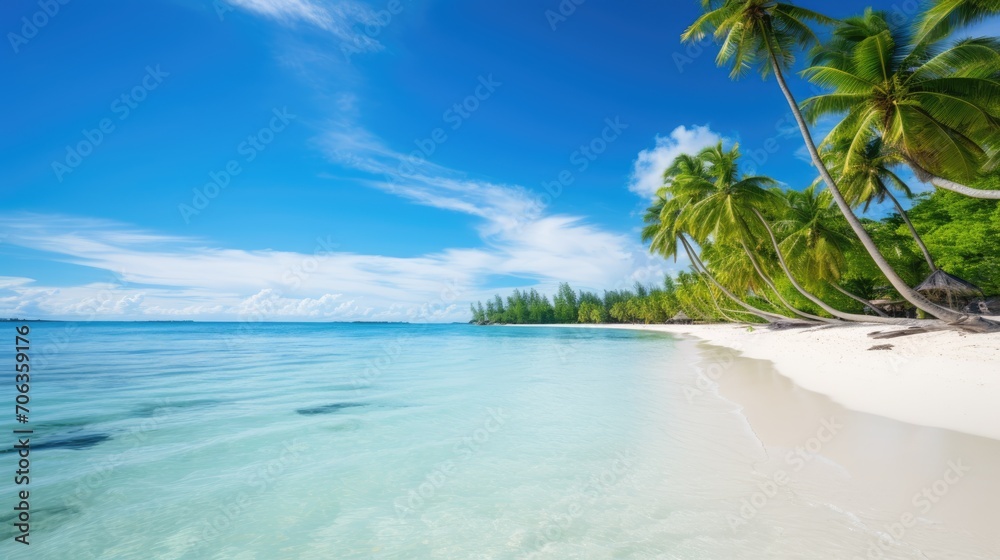 Sunny Tropical Beach With Palm trees, beautiful landscape