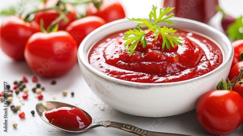 Fresh, organic tomato puree, isolated on white. Tomato cherry sauce in bowl, cooking concept. Healthy vitamin vegetables, vegan diet food condiment. Raw tasty cherry ketchup