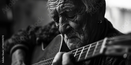 A black and white photo of a man playing a guitar. Perfect for music enthusiasts and artists looking for a timeless image